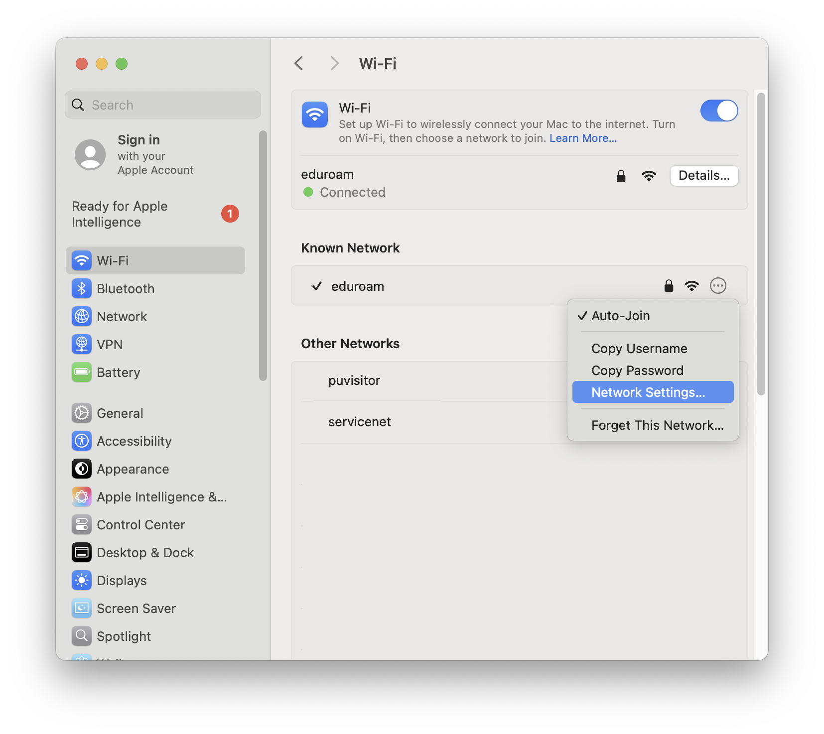 select network settings in eduroam