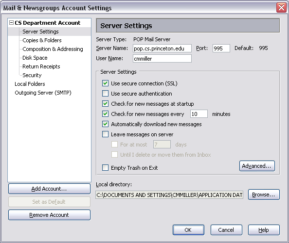 Mozilla POP Server Settings